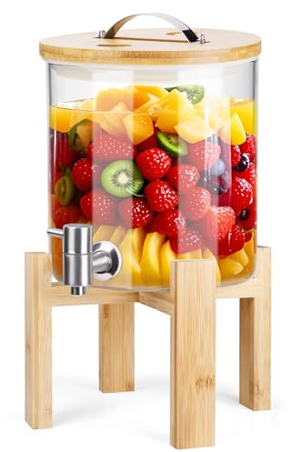 Glas Getränkespender 5L – Limonadenbehälter mit Edelstahl Hahn & Bambusständer, BPA-frei, Ideal für Familienparty, Geburtstagsfeier, Outdoor Camping