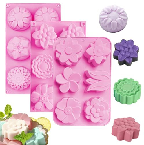 MARUKO 3 x Silikonform in Blumenform, 6 Mulden, 3D-Blumen-Gelee-Formen, lebensmittelechtes Silikon, Schokoladenform für Seife, Mousse, Muffin, Kuchen, Schokolade, Gelee, Eisharz und Kerze
