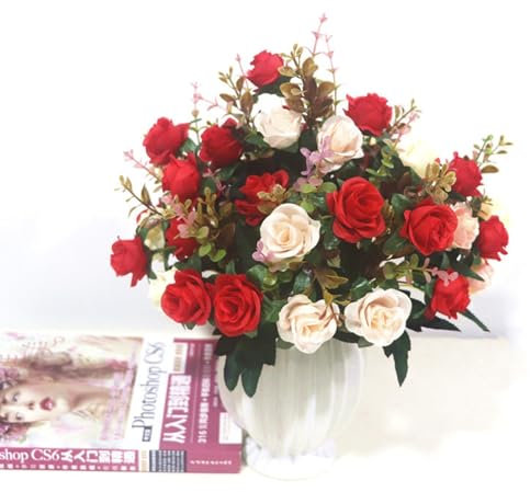 4 Stück Kunstblumen Friedhofsblumen für Grab Künstliche Rosenblüten Gefälschter Blumenstrauß Künstliche Seidenblumen Pflanzen Blumengesteck Falsche Rosen Künstliche für Grab Künstliche Blumen (Rot)