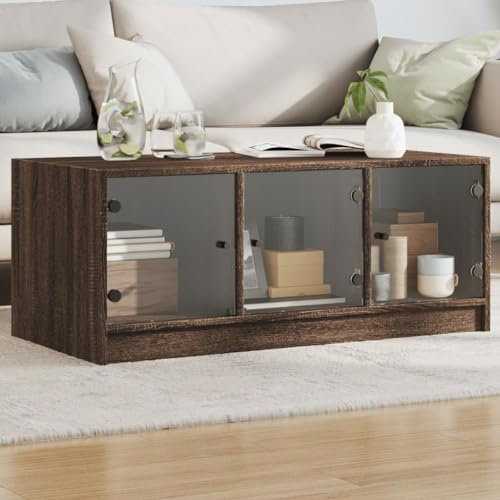 LLEZKBR Tables-Accent Tables-Coffee Tables-Coffee Table with Glass Doors Brown Oak 102x50x42cm