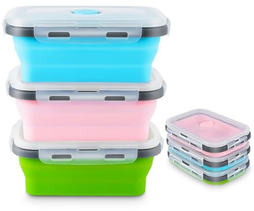 MINISOISO Bols Pliables, 3 Pièces Bol Pliable Camping avec Couvercle, 500 ML Boîtes à Déjeuner Pliables, Boîte à Lunch Pliable en Silicone Anti-Fuite pour Randonnée, Voyages, Camping, Pique-Nique