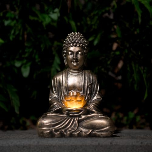 Quterhero Buddha Lotus Statue with Solar Lights, Resin LED Figurine for Garden Decor – Unique Gift for Women and Friends(Copper Buddha)