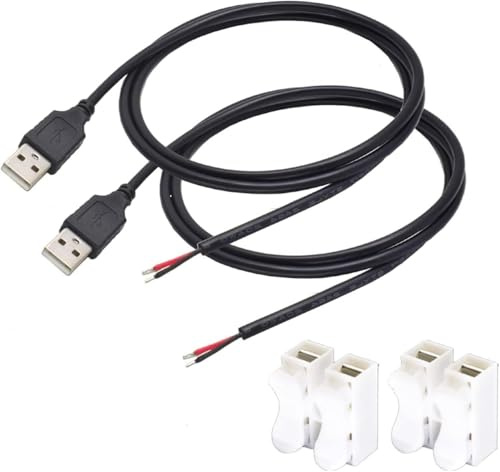 joonnair 2 Pièces 1M Câble USB Mâle, Câble d'alimentation à prise U SB 12V 3A Câble USB 2.0 à 2 Fils Câble de queue USB Queue de cochon U SB pour Réparation DIY et Remplacement Avec Bornes de Montage