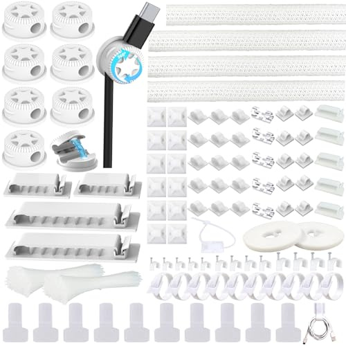 ELII 328Pcs Cable Management Kit, 8 Magnetic Cable Clips,69Adhesive Cable Holder,4 Cable Sleeve Split,22Reusable Cable Strap,200 Nylon Cable Zip Ties with 25 Mounts TV Home(White)