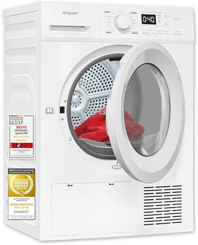 Exquisit Sèche-linge à pompe à chaleur 8 kg, 16 programmes, éclairage intérieur LED, protection anti-froissement, sécurité enfant, retard de démarrage, TWP803-031D blanc