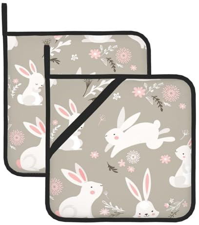 Set di presine resistenti al calore con stampa floreale a forma di coniglietto pasquale – Cuscinetti quadrati per cottura, grigliate, barbecue e cucina