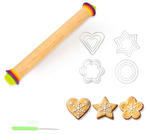 Mattarello in legno per la cottura, con 5 anelli di spessore e 12 formine per biscotti in acciaio inox, multifunzione, ideale per la cucina domestica, perfetto per cuocere pizza, torte, pasticcini