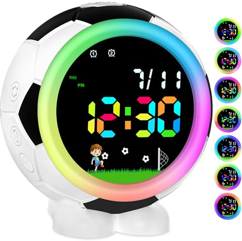 Ayybboo Réveil numérique de Football pour Enfant avec veilleuse, Fonction Snooze, 6 sonneries, Double Alarme, 12/24 h, Cadeau pour garçons et Filles