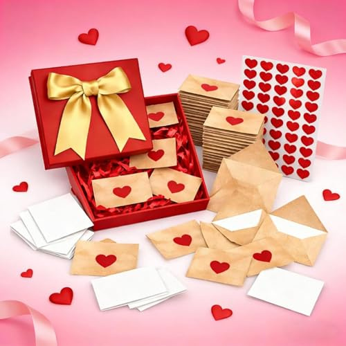 DIY Love Notes Box For Couples - Mini Blank Cards And Envelopes With Heart Stickers | 60PCS Romantic Gift Set For Valentine's Day | Write Love Letters For Wedding, Birthday Party Favors