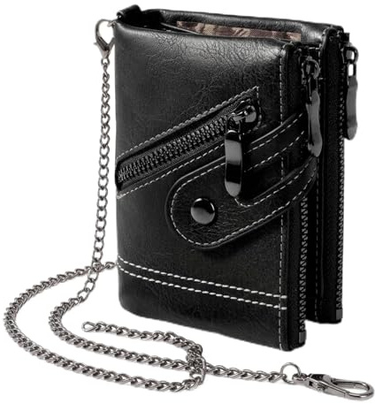 Haelyze Leather Wallets for Men with Chain – Mens Wallet with Zip Coin Pocket and RFID Blocking – 19-in-1 Organiser for Credit Cards Cash and ID – Biker Style Synthetic Leather Gents Wallet