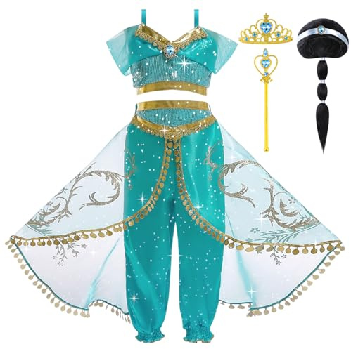 DiULi Jasmine prinsessklänning för flickor, jasmin, prinsessklänning med krona och trollstav för födelsedag, fest, halloween, karneval, cosplay
