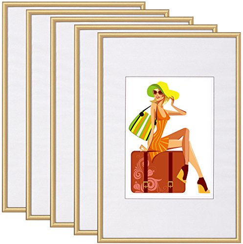 WOLTU Bilderrahmen 10x15, 5er set, Kunststoff Fotorahmen mit Passepartout | Gold, Posterrahmen New Lifestyle für Poster, Fotos, bruchsichere PS-Platte, aufhängbar u. aufstellbar, Collage-Wanddeko