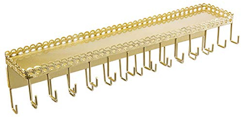 MyGift 15 Inch Wall Mounted Gold Tone Metal Jewelry Organizer & Display Shelf with Vintage Lace Design, Hanging Perfume Storage and 26 Hook Necklace Hangers