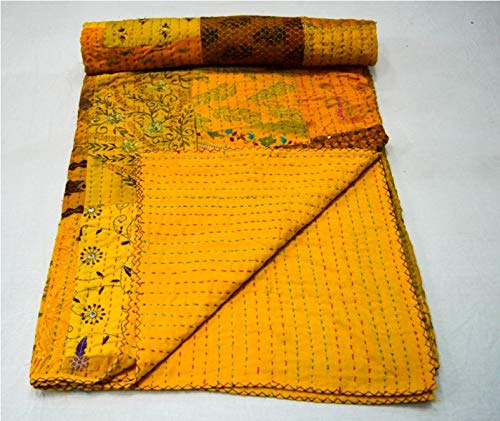 Yuvancrafts Copriletto indiano fatto a mano con patchwork kantha, per letto matrimoniale, in cotone, ricamato, stile vintage, colore: giallo