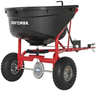 Craftsman CMXGZBF7124571 110lb Capacity Pull-Behind Lawn Broadcast Spreader, Approx. Coverage of 1/3 Acre (17,500 sq ft), 10 ft Spread Width, Direct Rod Flow Control, Universal Hitch; Made in USA