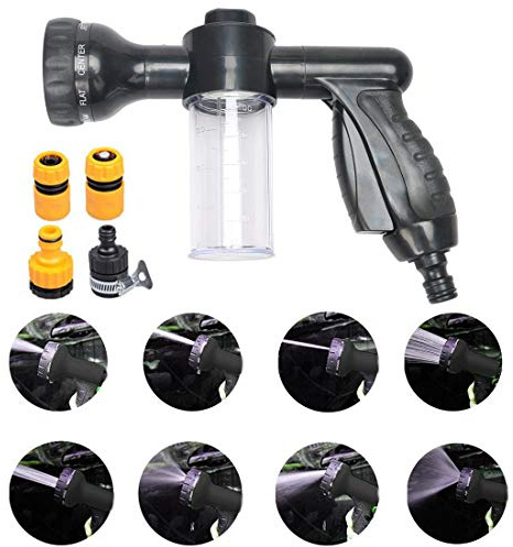 Garden Foam Water Sprayer, 8 Adjustable Patterns Heavy Duty Hose Nozzle Sprayer Gun, Comfort Rubber Grip High Pressure Flow Control Gardening Tool, for Watering Lawn Car Washing Pet Showering (Black)