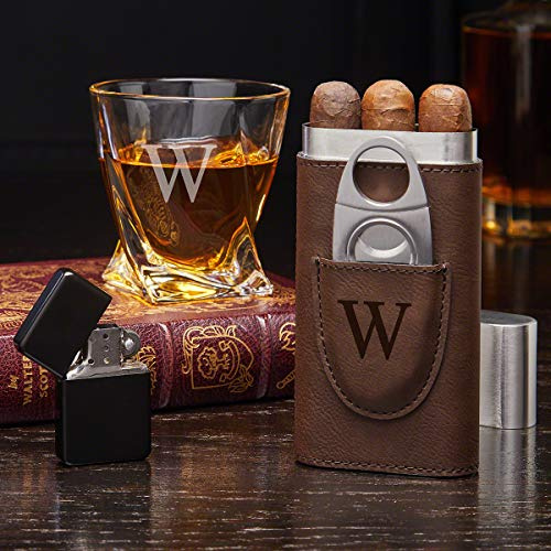 Engraved Whiskey and Cigar with Twist Glass - Personalized Whiskey and Cigar Accessories (Twist Glass with Brown Cigar Flask)