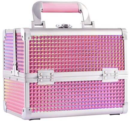 Joligrace Vanity Case Makeup Box Nail Polish Organiser Beauty Storage Make Up Organiser Jewellery Box with Mirror, Lockable with Keys, Holographic Pink