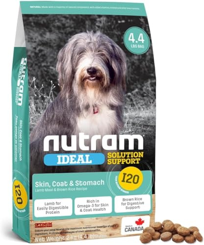Nutram I20 Lamb Dog Food with Brown Rice - Skin, Coat & Sensitive Stomach Dog Food with Pumpkin, Omega-3 Rich Salmon Oil & Rosemary For Shiny Coat & Immunity - Chicken Free Kibble For Adults (4.4 lbs)