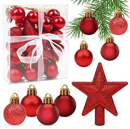 Weihnachtskugeln Rot, 30 pcs Mini Weihnachtsdeko Kugeln Set, 3CM Christbaumkugeln Kunststoff, Kugeln Weihnachtsdeko, Glänzend Glitzernd Matt Weihnachtsbaum Ornamente
