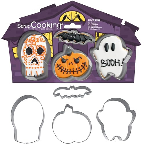 SCRAP COOKING - 4 Cortadores de Galletas Halloween - Cortadores de Acero Inoxidable Calabaza, Fantasma, Calavera, Murciélago - Moldes Galletas - Accesorios Pastelería Cake Design - 2083