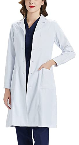 Laborkittel Damen Kittel Arztkittel Lab Coat Labormantel Weiß Arbeitskleidung Arbeitsmantel Baumwolle Damen mit Reverskragen Langen Ärmeln Geeignet für Arbeit, Masseur, Krankenschwester, Cosplay