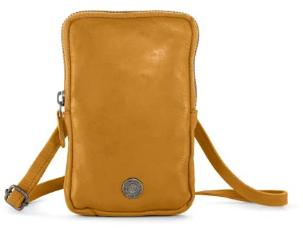 Cas8 LOLA Handytasche zum Umhängen, Smartphonetasche aus 100% Leder mit RFID-Schutz, Umhängetasche für Frauen, 6 Kartenfächer, verstellbarer & abnehmbarer Gurt, curry