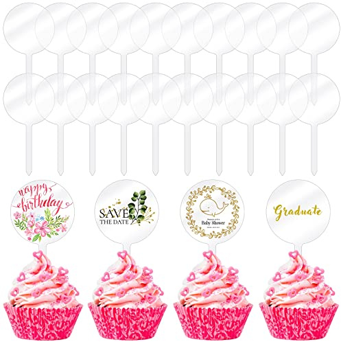 Chunful 30 Pack 2 Inch Circle Acrylic Custom Cupcake Topper, DIY Clear Blank Cake Personalized Cupcake Topper with Sticks for Birthday Party, Graduation, Wedding, Mother's, Baby Shower Cake Decoration