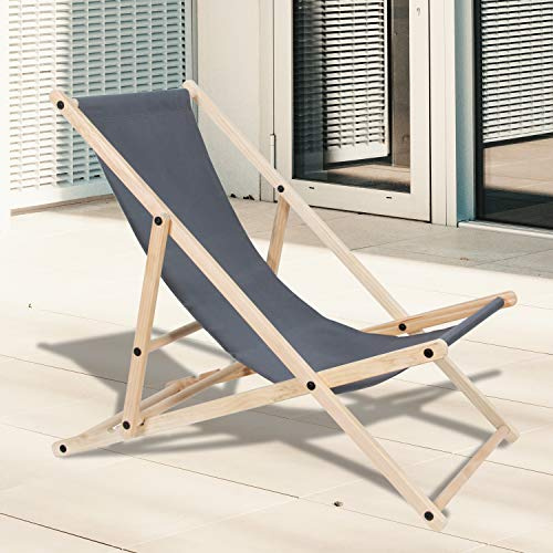 Cecaylie Liegestuhl aus Holz, Gartenliege Holz Klappstuhl, Sonnenliege Faltliege, abnehmbar Campingstuhl, 120 kg max., Verstellbar Strandliege Relaxliege für Camping Freizeit Garten Strand (Grau)