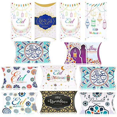 DPKOW 12pcs Cajas de Almohadas para Ramadán Eid Bolsas de Regalo, Ramadán Eid Mubarak Golosinas Bolsas Cajas para Dulces Tarjeta, Bolsos de Fiesta Ramadán Eid para Pequeño Regalo de Galleta