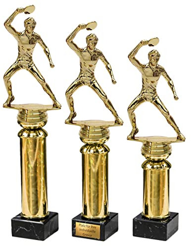 eberin – Tischtennis Pokal, 3 Größen, Trophäe mit Wunschtext Gravur, Aufschlagspieler Goldsäule/Marmor Award, für Turnier & Event
