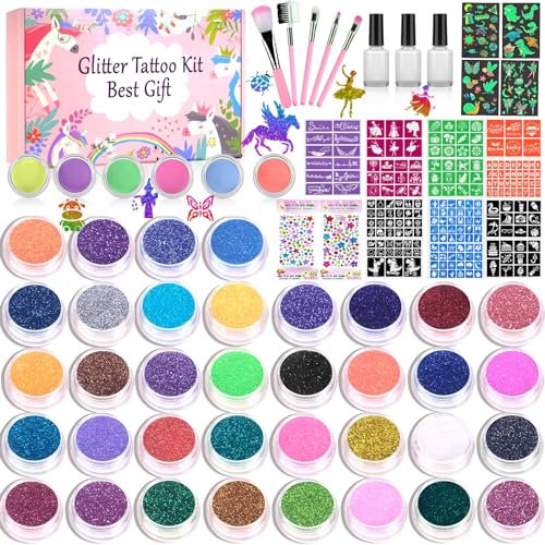 542 St Glitzer Tattoo Set Kinder, 42 Farben Temporäre Glitzertattoo für Mädchen mit 218 Strasssteine 211 Schablonen 63 Leucht Aufkleber DIY Kit Geschenk für Kinder für Geburtstag Karneval Ostern Party