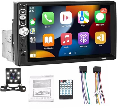 Autoradio Solo DIN con Apple Carplay Android Auto, 7 Bluetooth Radio de Coche con AUX/TF/USB EQ Radio FM Mirror Link SWC, receptores de Audio para Coche con cámara de visión Trasera de 8 LED