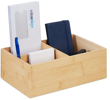 Relaxdays Bambus Organizer, 3 Fächer, Schreibutensilien, Büro, Badezimmer, HBT 9,5 x 29 x 19 cm, Aufbewahrungsbox, Natur