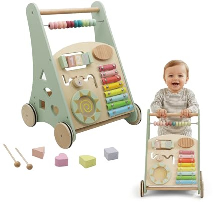 BUDDY BABY Montessori - Walker Baby in legno - Passeggino per primi passi con giocattoli e attività - Passeggino per bambino +12 mesi (Lapponia/Verde)