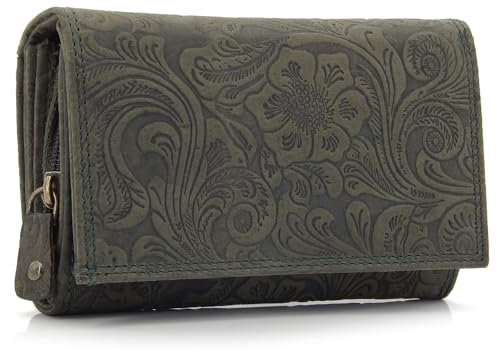 ekavale Damen Leder-Geldbörse mit Blumenmotiv und RFID-Blockierung, Portemonnaie Langformat mit Druckknopfverschluss (Grün)