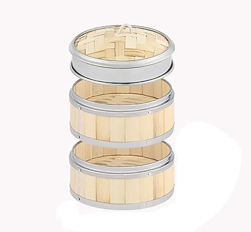 Luminexia Bambus-Dämpfkorb mit Edelstahlbändern,2 Etagen mit Deckel,Bambusdämpfer und Dampfgarer Bambus Kochgeschirr,ideal für Dim Sum,Gemüse,Fleisch und Fisch. Handgefertigt