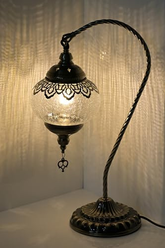 GOGERS Swan Neck Turkish Moroccan Lamp Handmade Stained Mosaic Glass Vintage Lamp Shade Bohemian Tiffany Style Bedside Night Lamp Lighting for Bedroom Living Room (White)