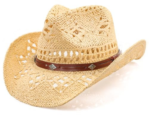 WQWOVRVO Cowboyhut, Cowgirl-Hut, Cowboyhüte für Damen/Herren, Strohhut mit formbarer Krempe, Cowboyhut für Damen, Weiß/Schwarz., Beige und brauner Wadenkopf, Einheitsgröße