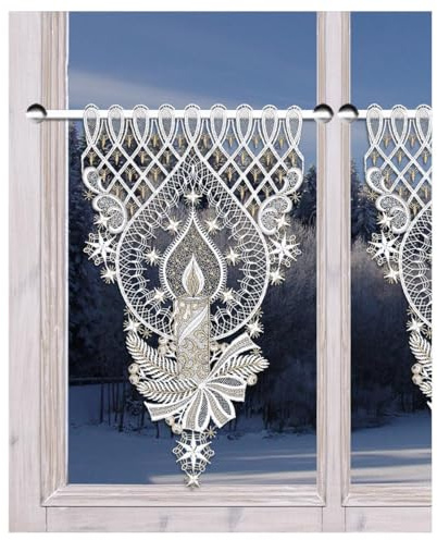 Scheibenhänger Weihnachtsträumerei mit Kerze Echte Plauener Spitze Spitzengardine Winter mit Adventskerze weiß-Gold 40 x 24 cm
