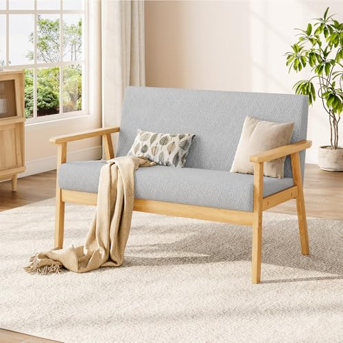 Dripex 2 Sitzer Sofa, Kleine Sofa mit Holzrahmen, Loungesofa 2er Couch, Modern und Skandinavisch, Doppelsofa aus Teddysamt, für Wohnzimmer Schlafzimmer Büro, 113x67x75cm, Hellgrau
