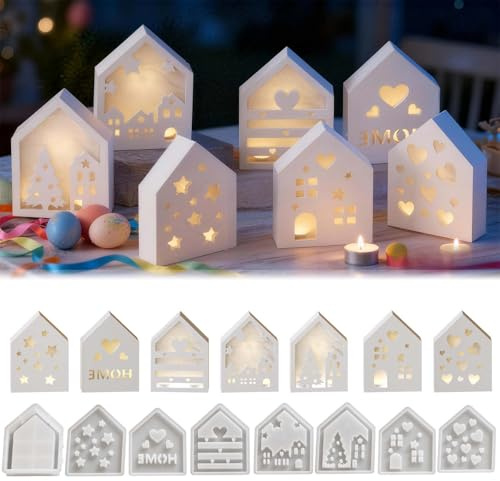 Lot de 8 moules en silicone pour maisons, bougies d'arrosage, bougeoirs, bricolage, moule en silicone, maison, sapin de Noël, étoiles, fenêtre