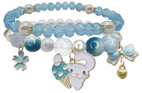 Kawaii Bracelets Crystal Beads Bracelet Set, Lovely Cartoon Crystal Beads Elastic Bracelet for Girls Women (Blue)