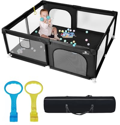 derimkcoa Laufstall Baby mit Spielmatte,Laufgitter Baby,Kinderzaun mit Atmungsaktivem Netz,Tragbarer Laufstall für Drinnen und Draußen(150x180x66cm,Schwarz)