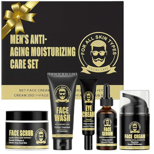 Men’s Anti-Aging Skincare Set: Face Wash, Scrub, Day/Night Moisturizer, Eye Cream & Anti-Wrinkle Serum - Gift-Ready Skincare Kit for Men - Combat Fine Lines & Revitalize Skin, Gift Sets for Men