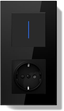 BSEEDLIFE Enchufe con Interruptor,Interruptor Pared Empotrado con Marco de Cristal con LED Indicador,1 Gang 1 Vía,Fácil Instalación Diseño de Gancho de Garra 157 * 86mm Negro