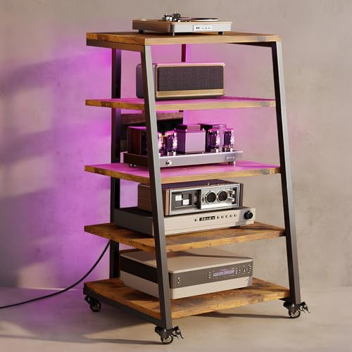 Vrietina Estante de 5 niveles HiFi con ruedas, tocadiscos, mesa con regletas, luces LED, estante ajustable de madera, soporte para medios HiFi para sistemas de audio, estéreo, 60 x 52 x 110 cm