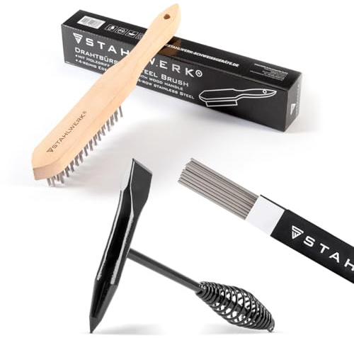 STAHLWERK Marteau de soudeur et brosse métallique - Marteau de soudure robuste de 300 g en acier avec poignée anti-vibrations et burin pointu et plat - Brosse métallique en acier inoxydable avec 4