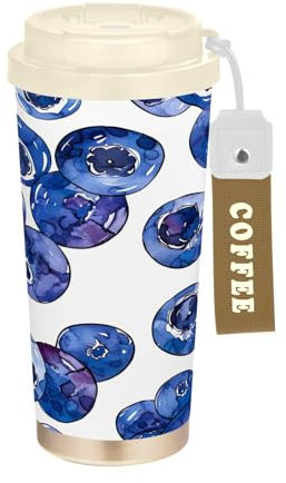 SKYSHU Blueberry – Tasse à café de voyage isotherme de 500 ml avec couvercle paille, anti-déversement et anti-fuites avec poignée pour boissons chaudes et froides, bouteille d'eau réutilisable en