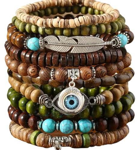 Armband Set aus Holzperlen – 10 Stück – Boho Schmuck Unisex – elastisch | Damen Herren – Natur Look – Festival Accessoire – Ethno Style – Geschenkidee